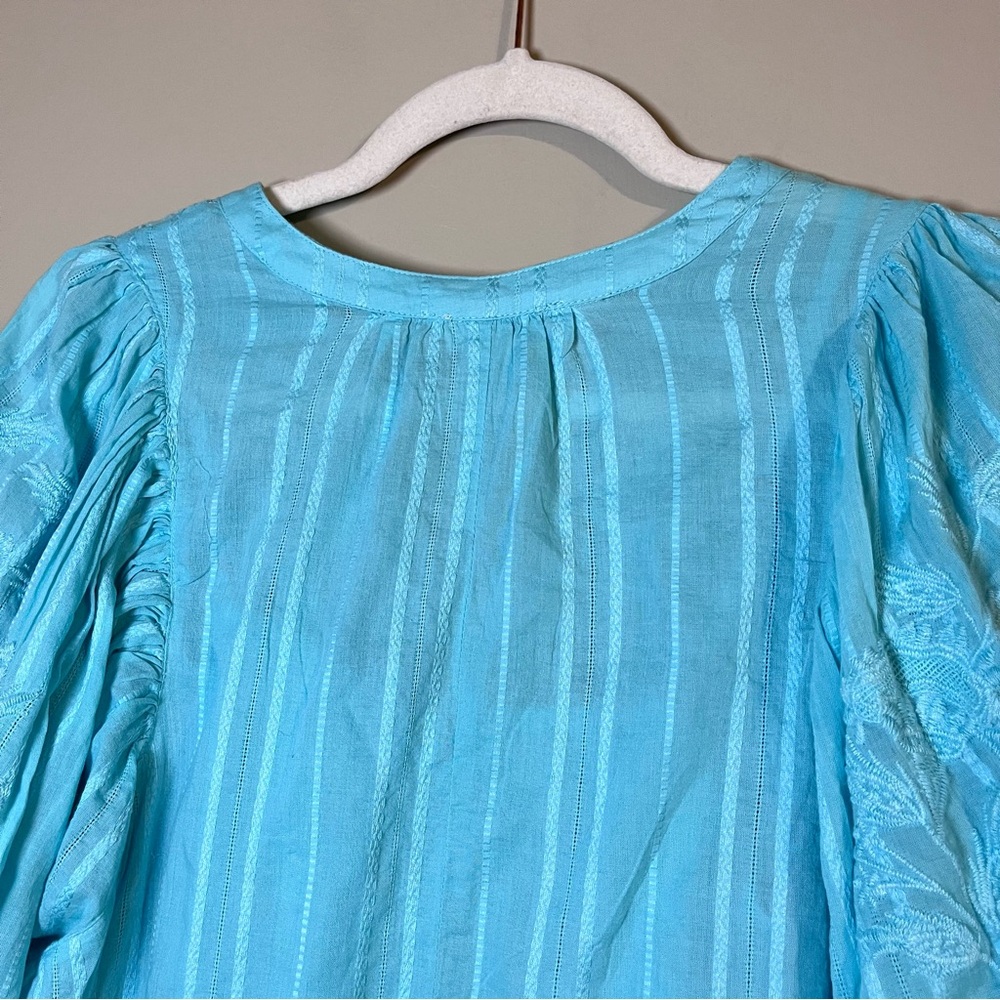 Sundance Embroidered Balloon Sleeve Eyelet Cotton Popover Blouse Blue Small - Picture 6 of 7